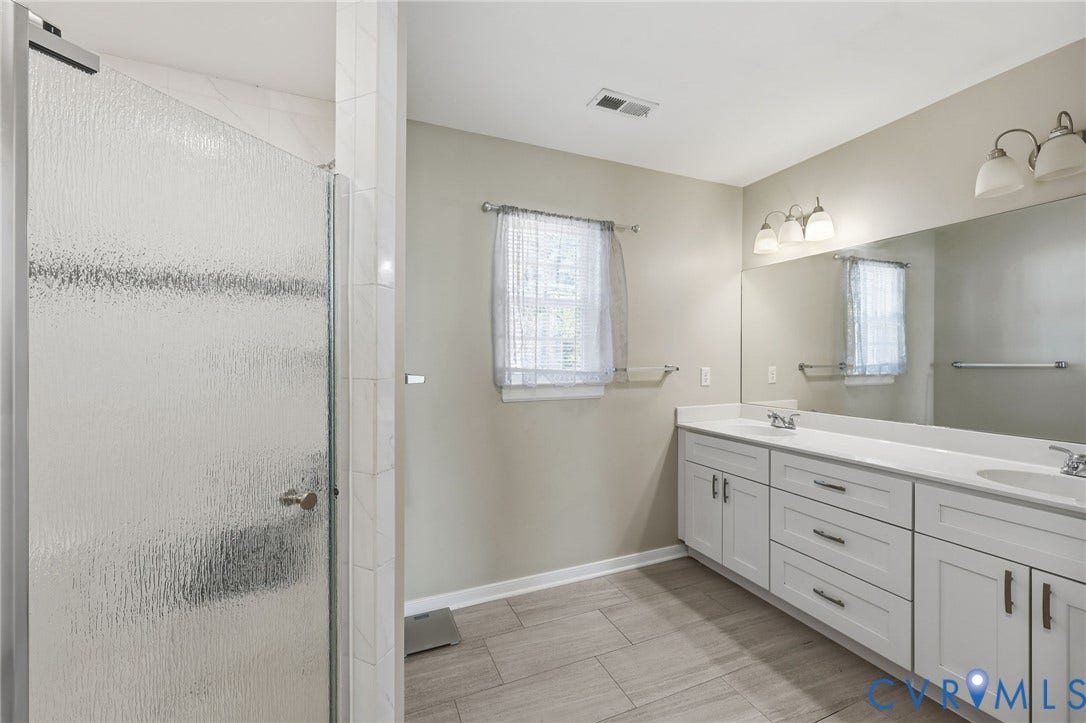 6614 Gills Gate Drive, Chesterfield, VA 23832 Dual-sink vanity with white cabinetry and solid surface countertop, walk-in shower with textured glass enclosure, ceramic tile flooring, and wall-mounted vanity lighting