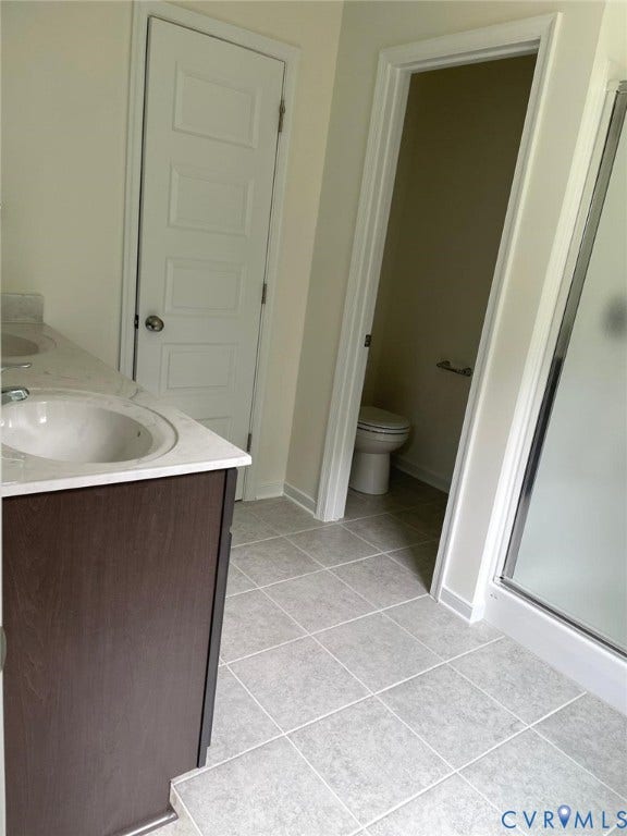 10823 Farmstead Mill Drive, Henrico, VA 23059 Bathroom featuring toilet, vanity, walk in shower, and tile patterned floors