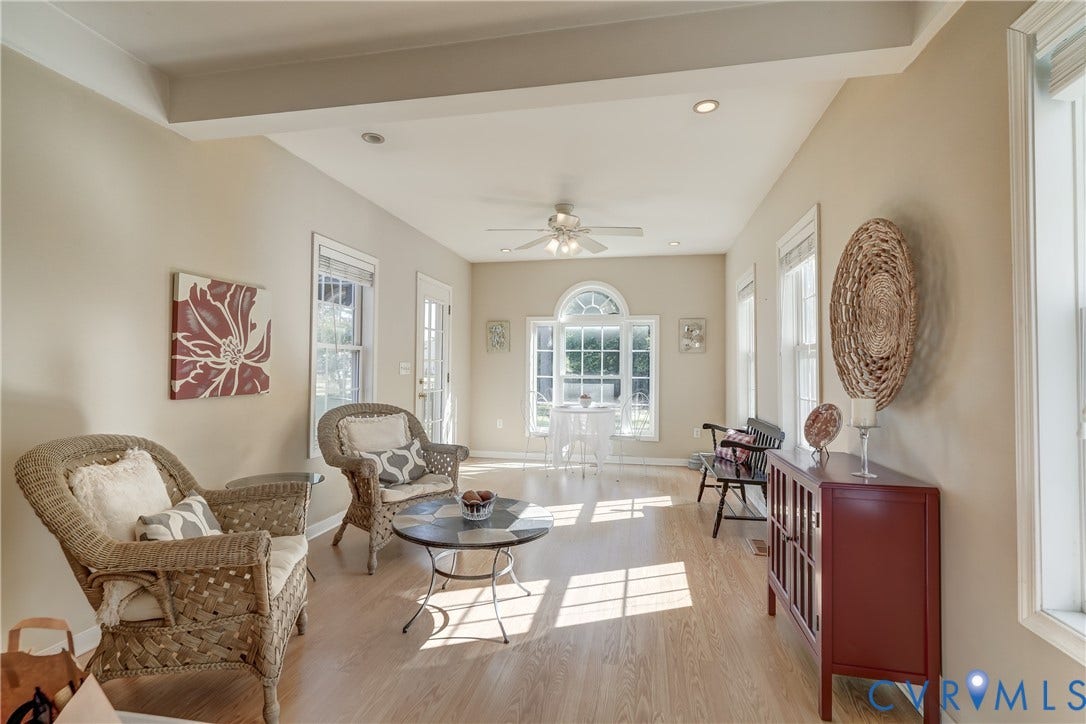 409 Lilliston Avenue, Colonial Heights, VA 23834 Sunroom featuring wood-finish flooring, an arched window, a ceiling fan, and recessed lighting