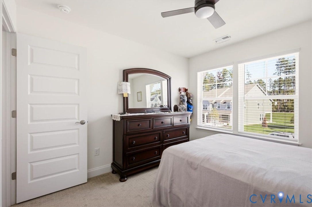 18743 Palisades Ridge, Palisades Cove, Moseley, VA 23120 Neutral-toned carpeted flooring, multi-pane windows, and a ceiling-mounted light fixture with a multi-blade fan