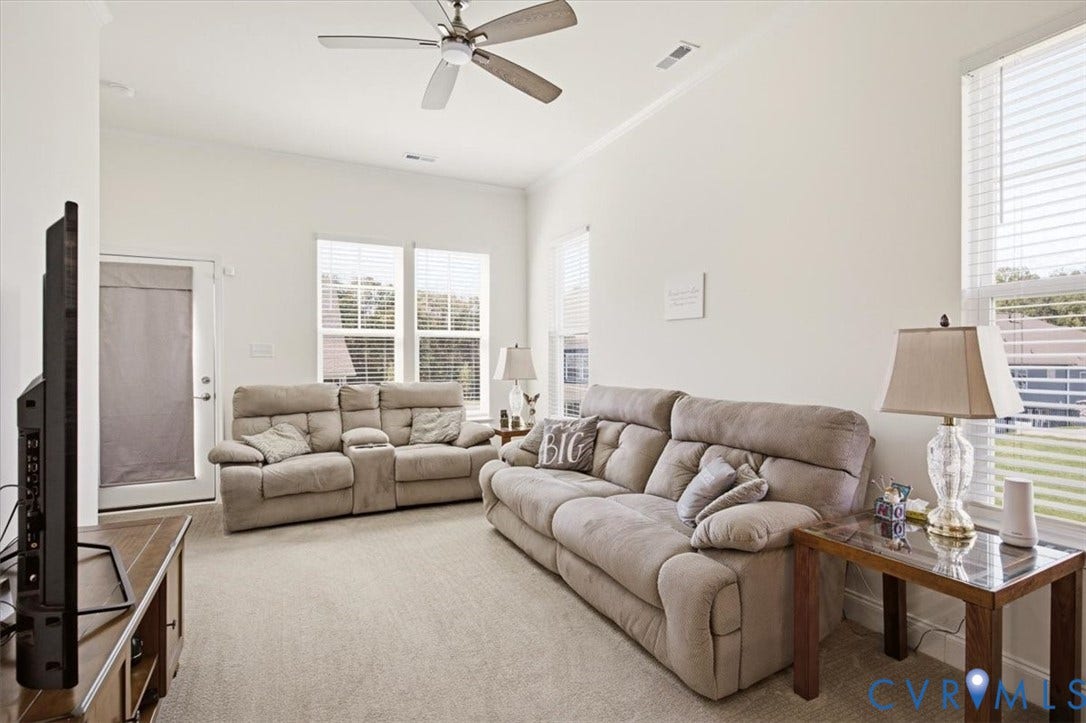18743 Palisades Ridge, Palisades Cove, Moseley, VA 23120 High ceilings, neutral wall color, multiple large windows, and a ceiling fan with integrated lighting