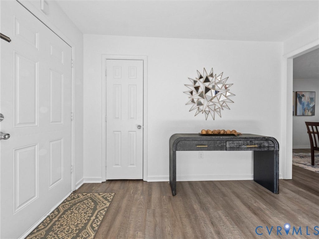 5504 Chanson Road, Salem Woods, North Chesterfield, VA 23237 Entrance featuring a six-panel door, wood-finish flooring, and crisp neutral wall paint