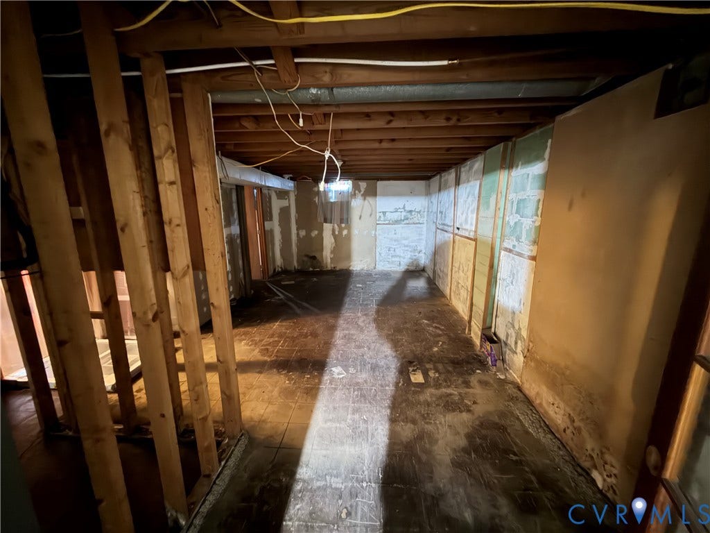 1513 West Lane, Petersburg, VA 23803 Unfinished lower level featuring exposed wood joist ceiling, concrete block wall construction, and exposed wood wall framing