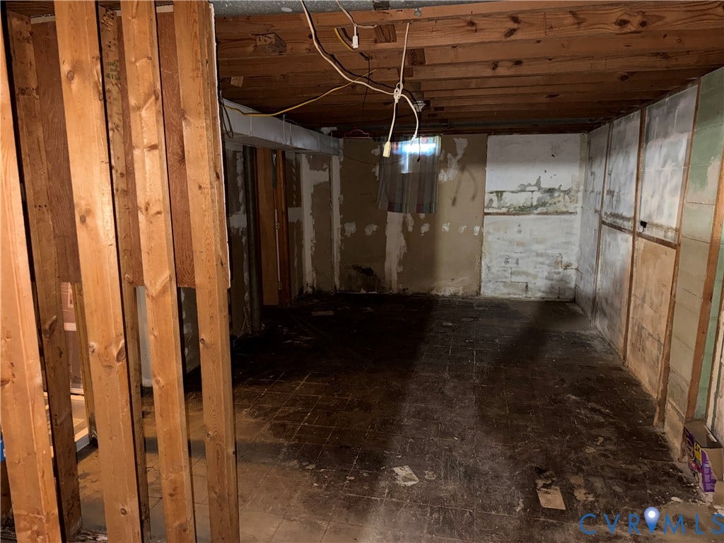 1513 West Lane, Petersburg, VA 23803 Unfinished lower level featuring exposed wood-stud framing, exposed ceiling joists, masonry walls, and a recessed window