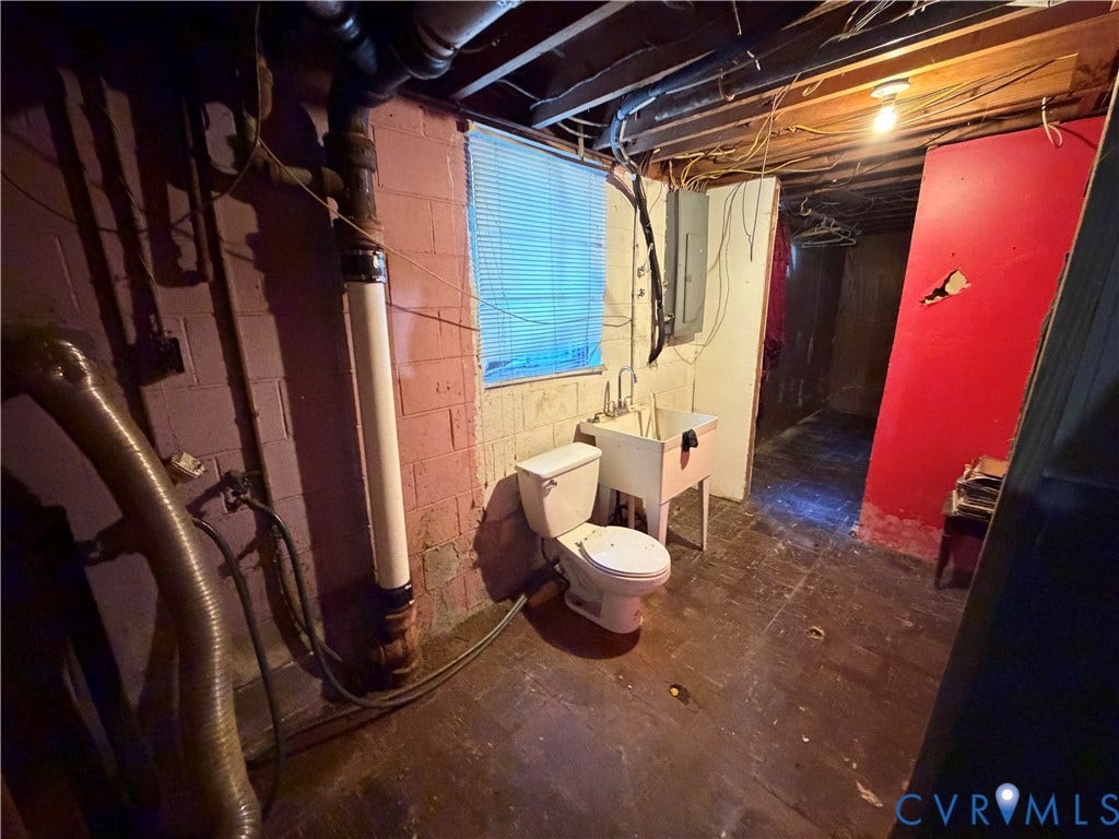 1513 West Lane, Petersburg, VA 23803 Utility space featuring concrete masonry walls, a floor-mounted toilet, a pedestal sink basin, and electrical panel