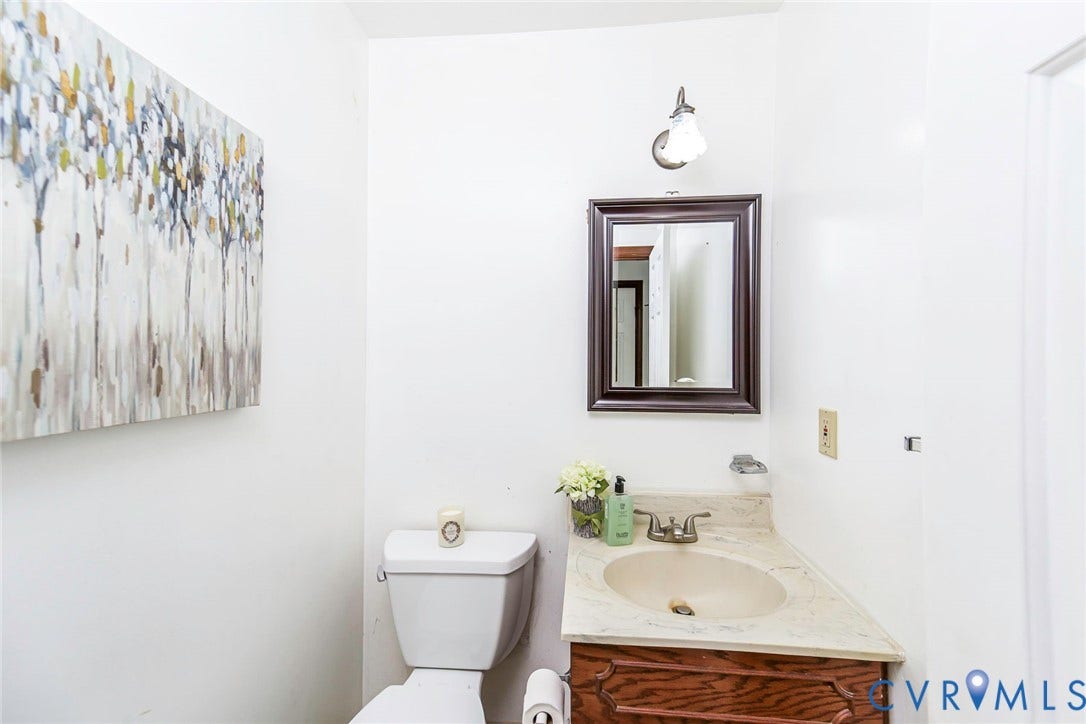 4124 Cogbill Road, Ampthill, VA 23234 Vanity with a neutral-toned countertop and integrated basin, dark-finish wood cabinetry, wall-mounted mirror, and overhead light fixture