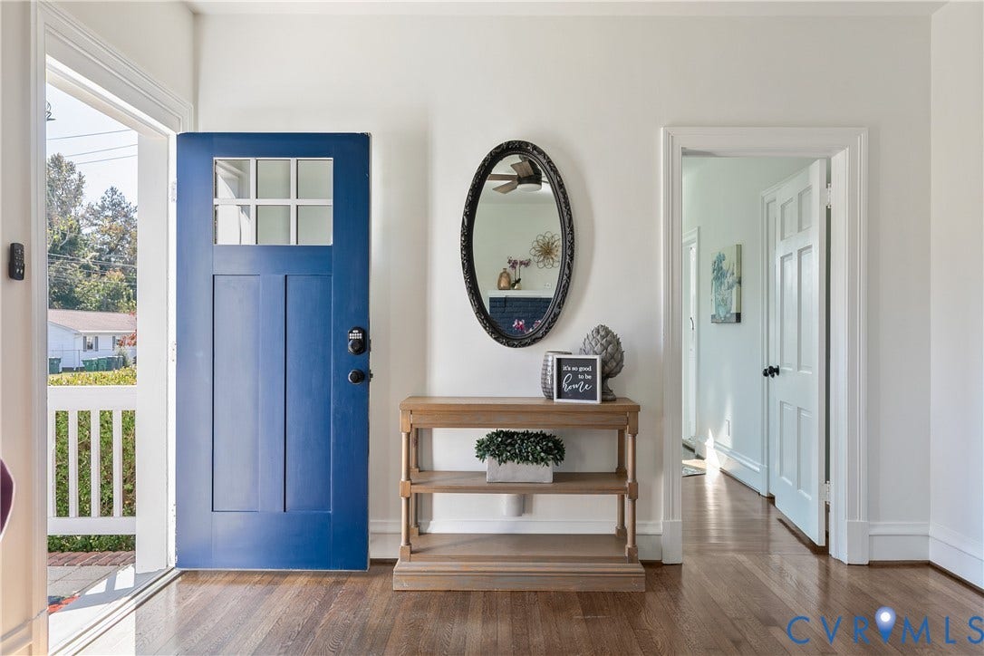 24 N Elm Avenue, Henrico, VA 23075 Entryway featuring a solid blue door with a six-pane glass transom, wood-finish flooring, and a multi-panel interior door