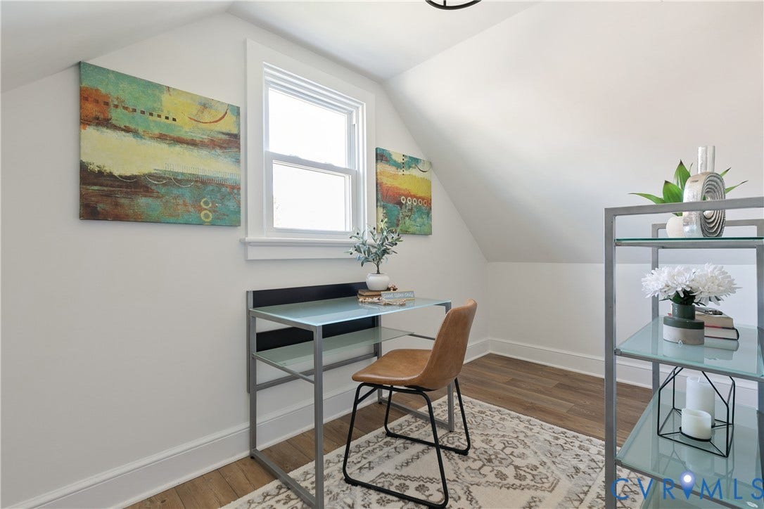 24 N Elm Avenue, Henrico, VA 23075 Vaulted ceilings, wood-finish flooring, and single-hung window with white casing