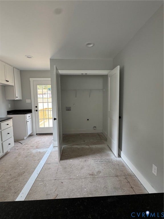 6012 Lakeside Drive, Woodhaven Shores, Quinton, VA 23141 White cabinetry, dark countertops, recessed lighting, and a glass-paneled exterior door featuring a dedicated laundry closet with dual doors