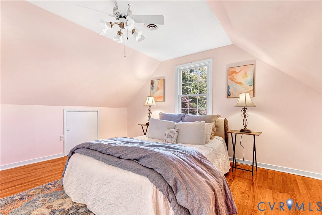 1526 Westshire Lane, Henrico, VA 23238 Vaulted ceilings with an integrated multi-light ceiling fan, polished wood-finish flooring, and built-in attic access panel