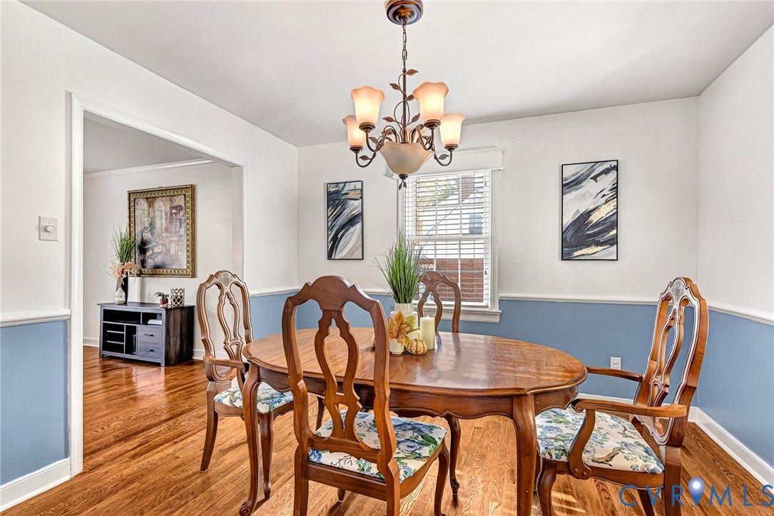 1526 Westshire Lane, Henrico, VA 23238 Dining area featuring wood-finish flooring, two-toned wall paint with chair rail molding, and a traditional five-light chandelier
