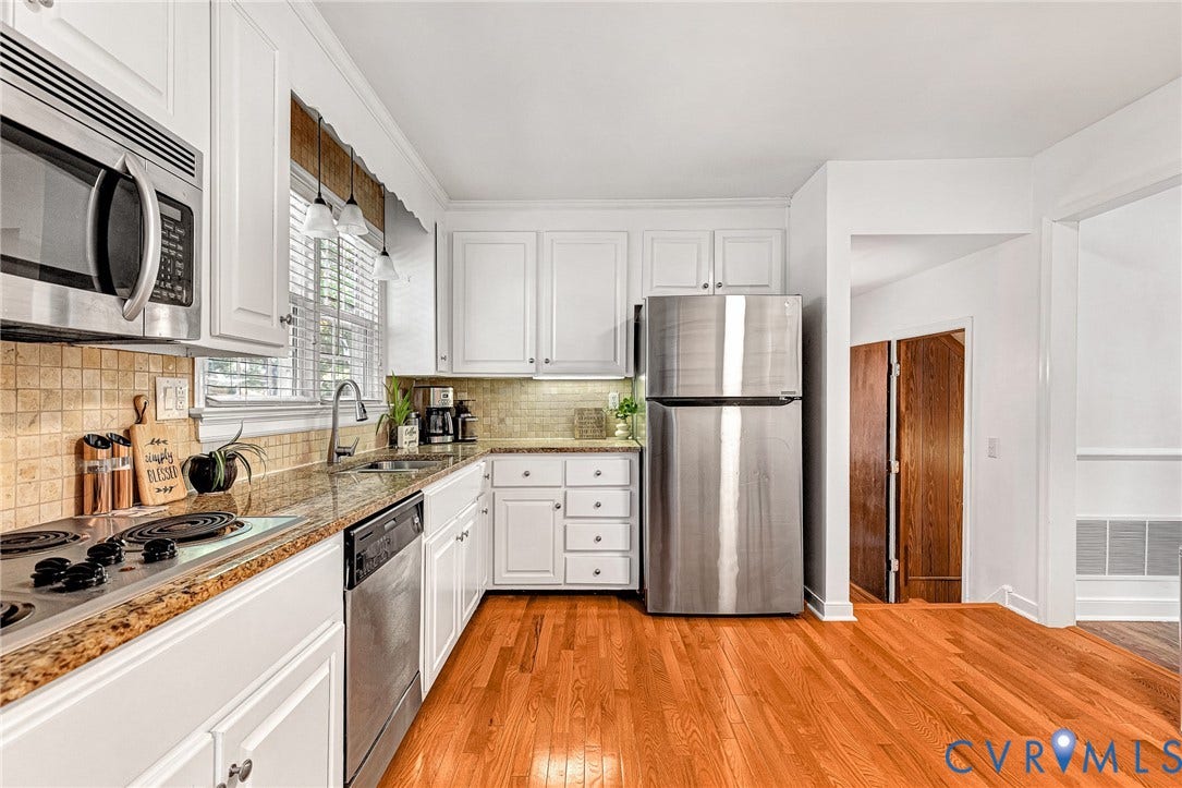 1526 Westshire Lane, Henrico, VA 23238 Kitchen featuring white cabinetry, stone countertops, stainless steel appliances, tiled backsplash, and wood-finish flooring