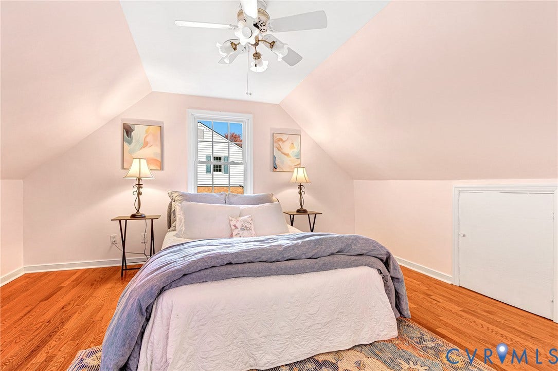 1526 Westshire Lane, Henrico, VA 23238 Sloped ceilings featuring a central multi-light ceiling fan, polished wood-finish flooring, a multi-pane window, and built-in knee wall storage