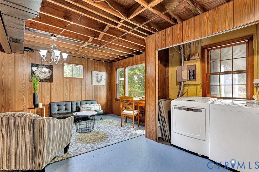 1526 Westshire Lane, Henrico, VA 23238 Multi-purpose space featuring wood-paneled walls, exposed ceiling joists, multi-pane windows, and a dedicated laundry area with electrical panel access