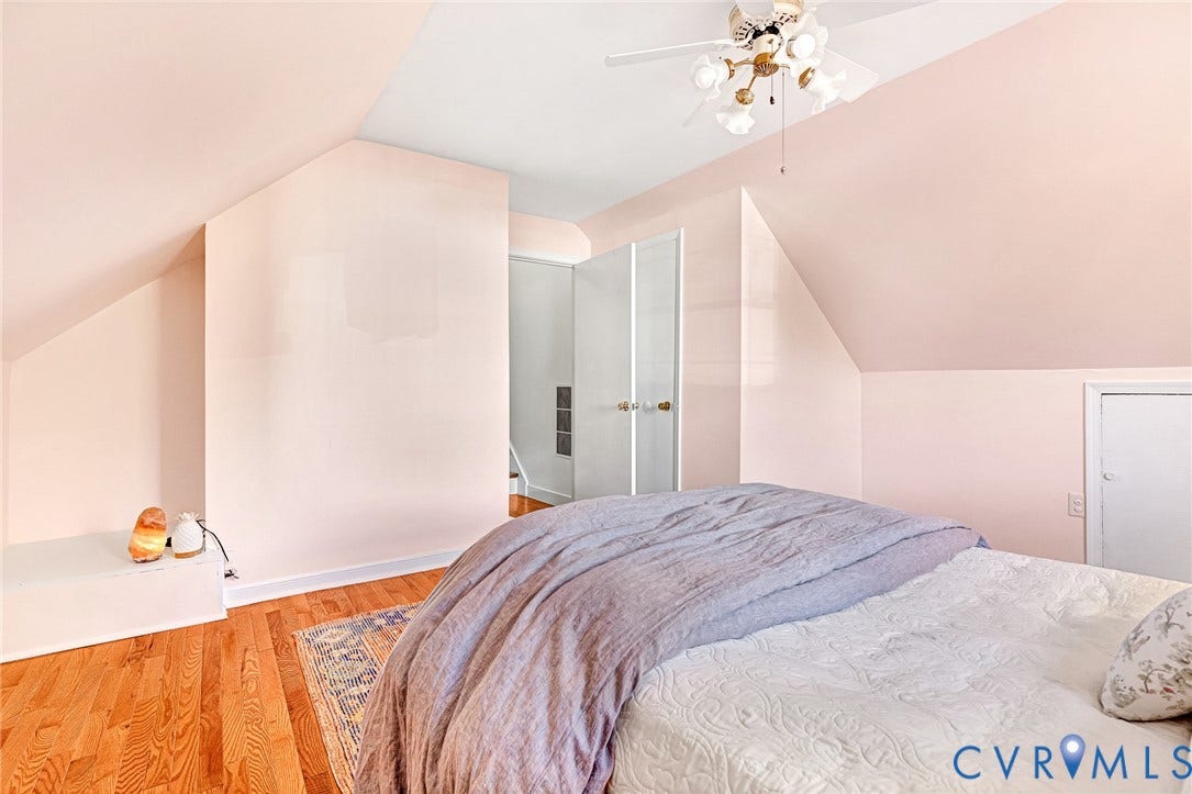 1526 Westshire Lane, Henrico, VA 23238 Vaulted ceiling with a central multi-light ceiling fan and built-in eaves storage, featuring hardwood flooring