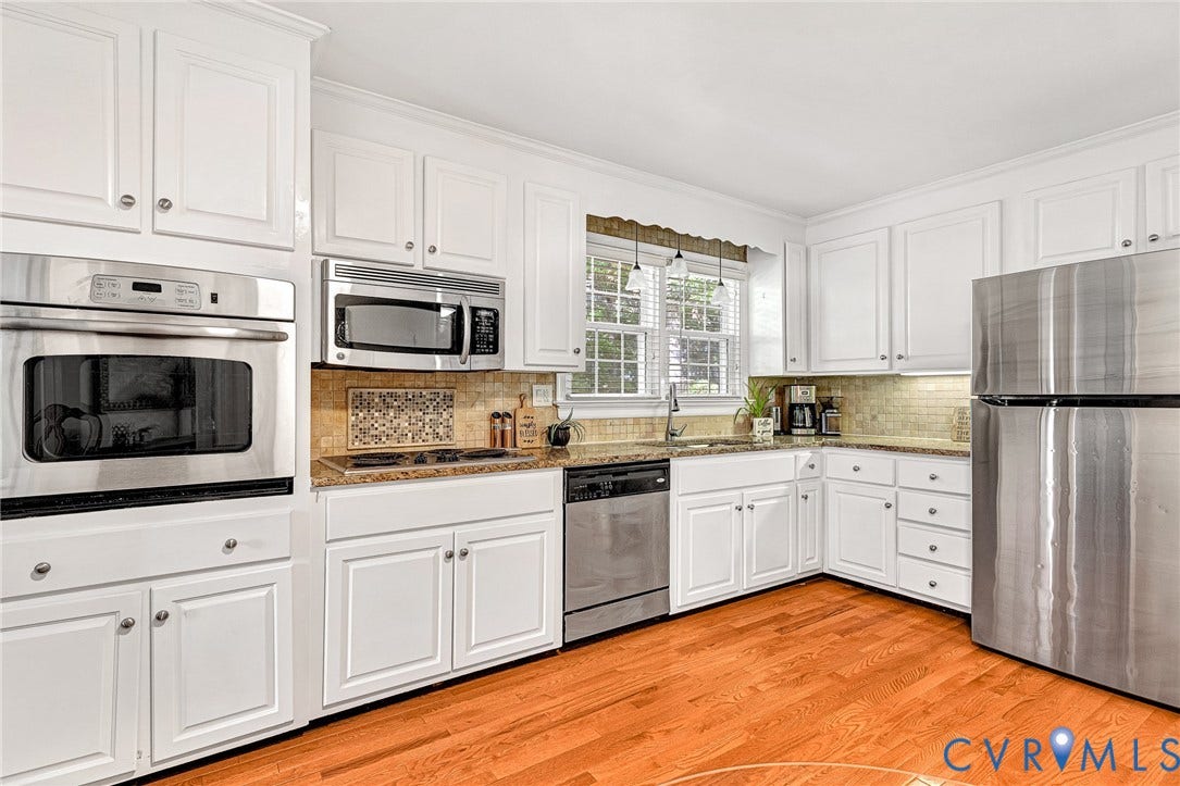 1526 Westshire Lane, Henrico, VA 23238 Kitchen featuring white cabinetry, stone-finish countertops, stainless steel appliances, wood-finish flooring, and a decorative tile backsplash