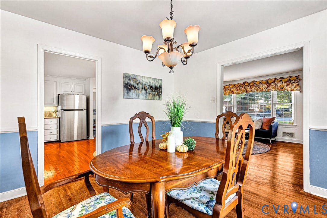 1526 Westshire Lane, Henrico, VA 23238 Dining area featuring wood-finish flooring, a decorative chandelier, and chair rail molding
