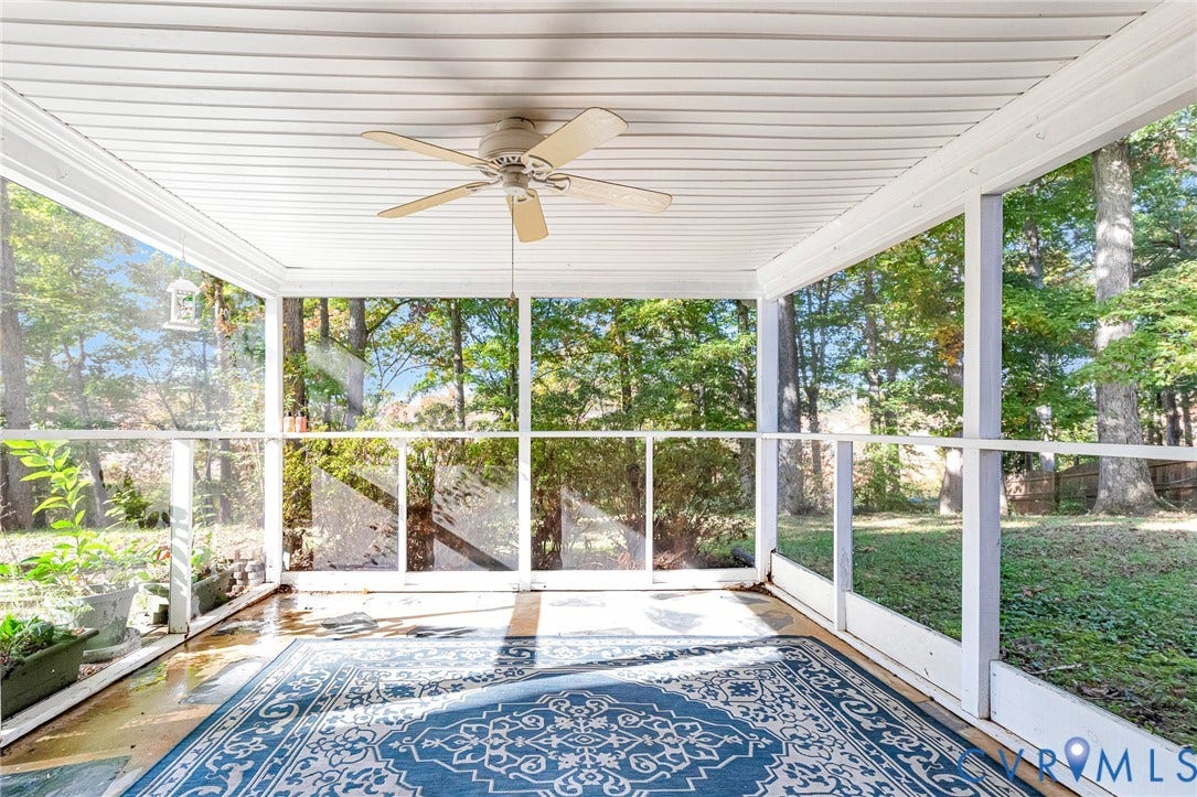 1526 Westshire Lane, Henrico, VA 23238 Screened porch featuring white-painted structural framing, beadboard ceiling, and a ceiling fan