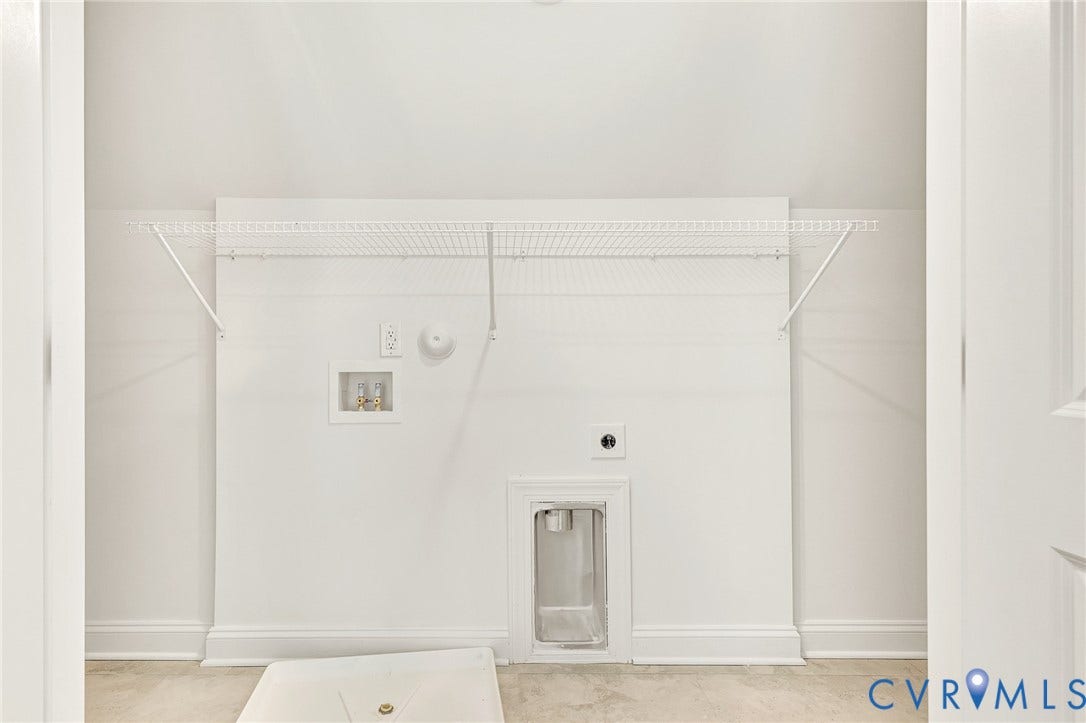 1807.5 Gordon Avenue, Oak Grove, Oak Grove, VA 23224 Utility area featuring a wall-mounted wire shelving unit, recessed water connection box, drainage basin, and dedicated electrical outlet