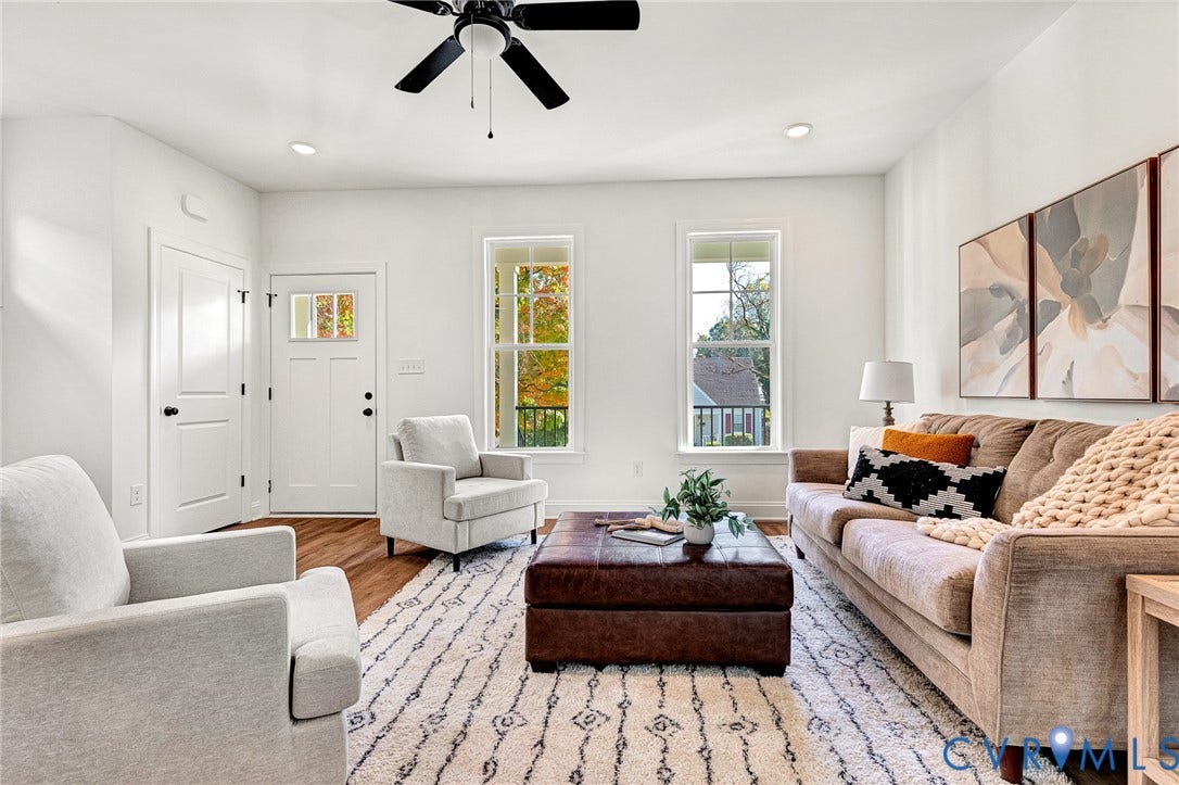 1807.5 Gordon Avenue, Oak Grove, Oak Grove, VA 23224 Wood-finish flooring, tall windows with muntin detailing, recessed lighting, and a central ceiling fan