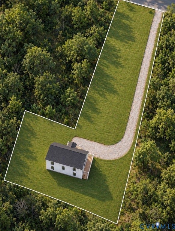 26578 Country Club Lane, Ruther Glen, VA 22546 Aerial perspective of property featuring a rectangular structure, a gravel driveway, and surrounding forested area