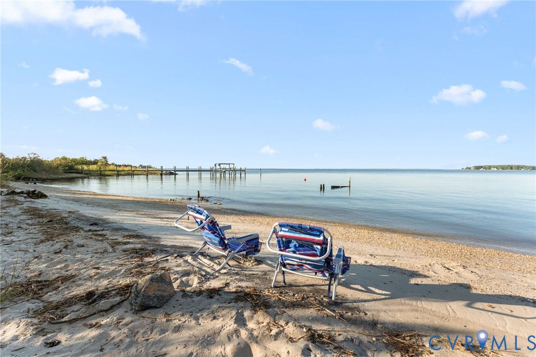 Sandy shoreline featuring direct water frontage and a wooden pier
