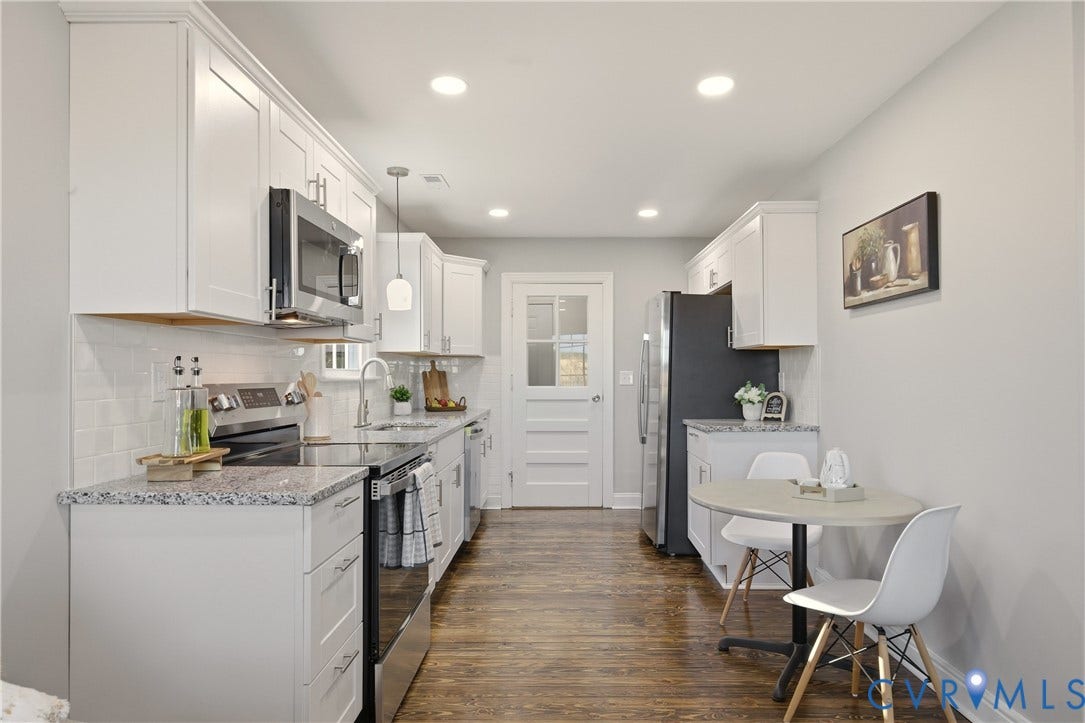 6280 Monahan Road, Henrico, VA 23231 Kitchen featuring white shaker-style cabinetry, speckled stone-finish countertops, stainless steel appliances, white subway tile backsplash, and wood-finish flooring