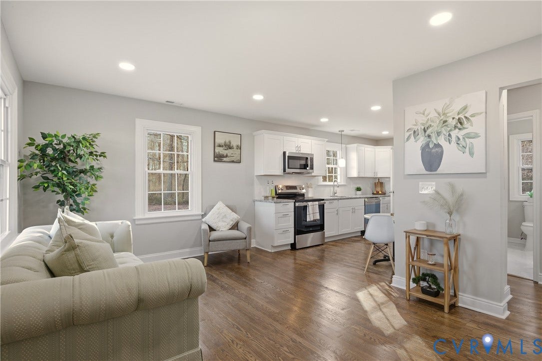 6280 Monahan Road, Henrico, VA 23231 Open-concept kitchen featuring white shaker-style cabinetry, stainless steel appliances, and wood-finish flooring with recessed lighting