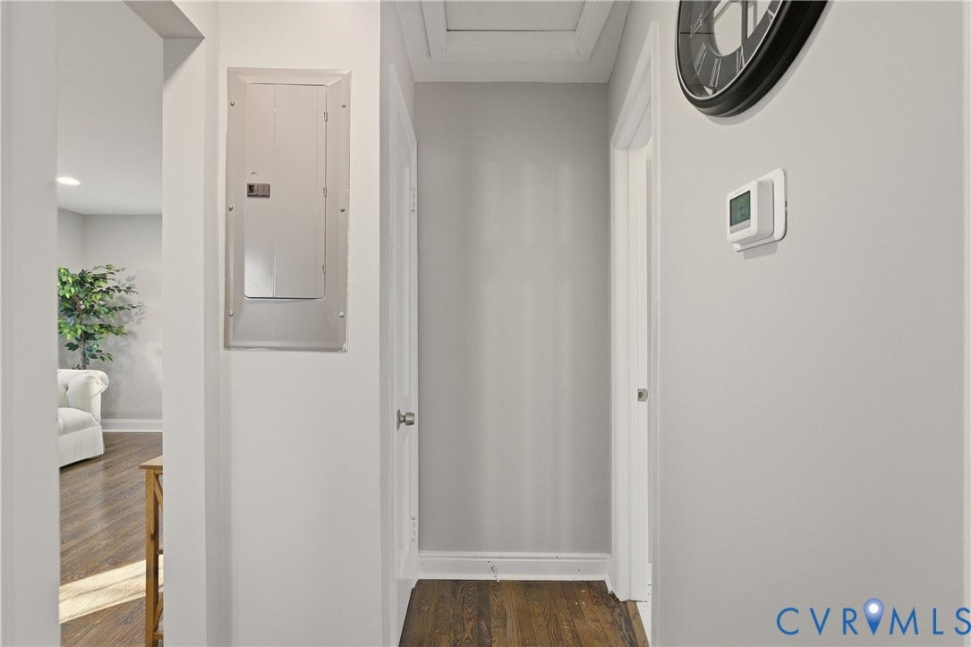 6280 Monahan Road, Henrico, VA 23231 Interior hallway featuring wood-finish flooring, a neutral wall palette, an integrated circuit breaker panel, and a programmable thermostat