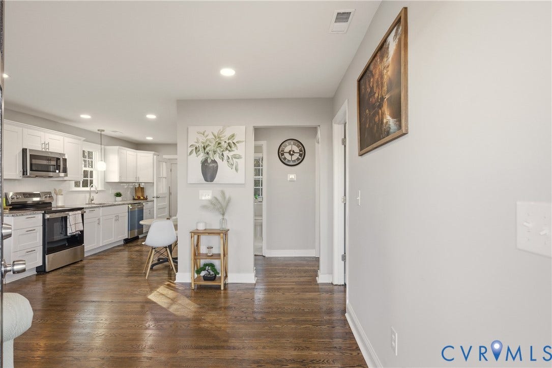 6280 Monahan Road, Henrico, VA 23231 Kitchen featuring white cabinetry, wood-finish flooring, recessed lighting, and stainless steel appliances