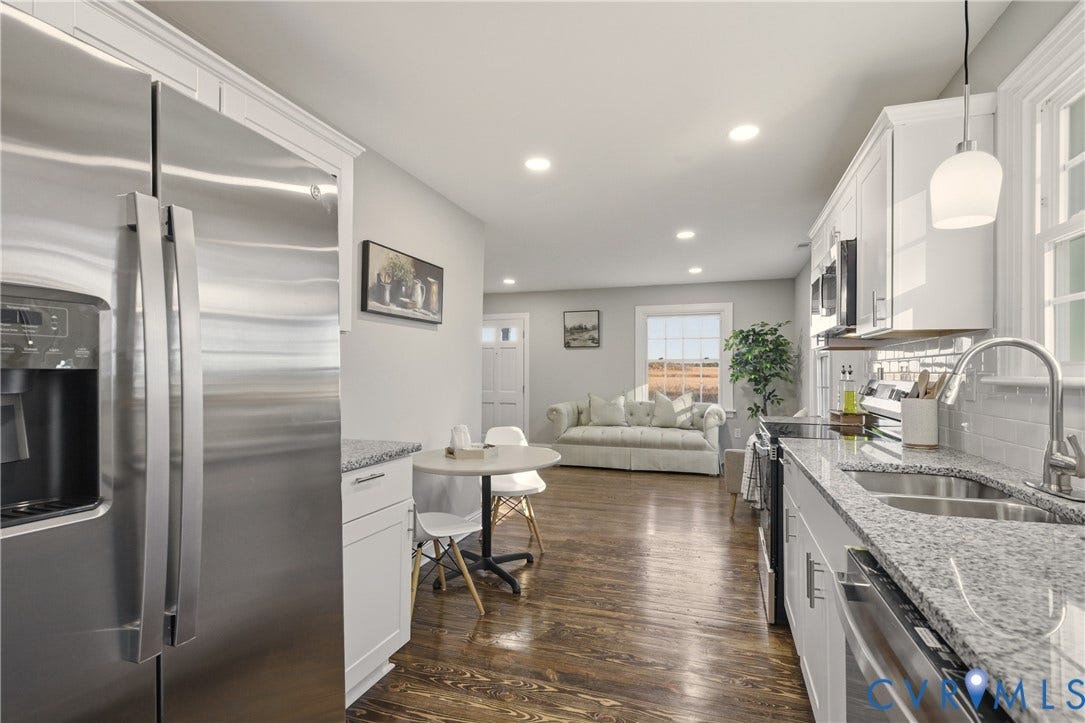 6280 Monahan Road, Henrico, VA 23231 Kitchen featuring white shaker cabinetry, stone-finish countertops, stainless steel appliances, subway tile backsplash, and wood-finish flooring