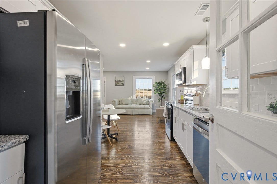 6280 Monahan Road, Henrico, VA 23231 Kitchen featuring white shaker-style cabinetry, stainless steel appliances, stone countertops, and wood-finish flooring