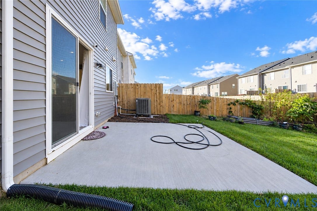 500 Rivanna Hill Way, Glen Allen, VA 23060 Concrete patio with horizontal vinyl siding, sliding glass door, and wooden privacy fencing
