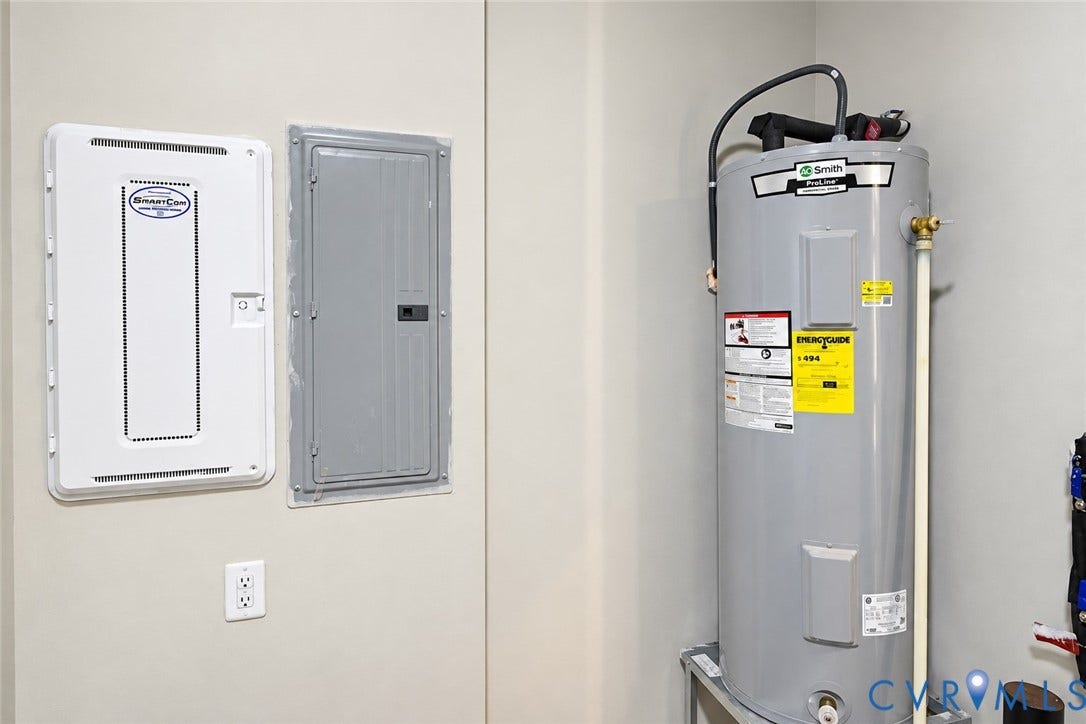 500 Rivanna Hill Way, Glen Allen, VA 23060 Utility area featuring a vertical water heater, a dual-panel electrical service board, and a standard duplex wall outlet