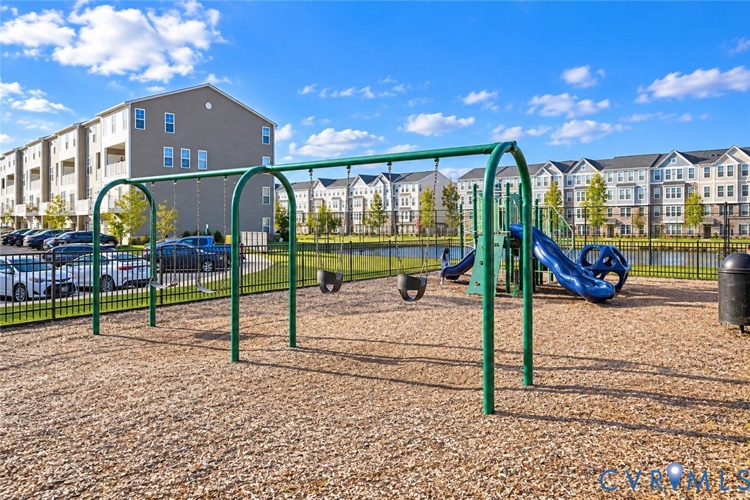 500 Rivanna Hill Way, Glen Allen, VA 23060 Recreational area featuring a swing set and slide structure on a wood-mulched surface, enclosed by metal fencing