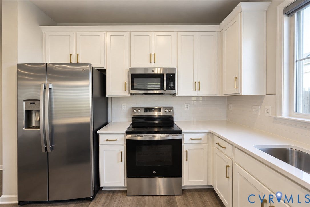 500 Rivanna Hill Way, Glen Allen, VA 23060 Kitchen featuring white cabinetry with gold-tone hardware, white countertops, stainless steel appliances, and wood-finish flooring