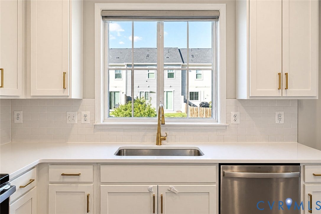 500 Rivanna Hill Way, Glen Allen, VA 23060 Kitchen featuring white shaker-style cabinetry with gold-toned hardware, quartz countertops, white subway tile backsplash, stainless steel under-mount sink with gold-toned faucet, and stainless steel dishwasher