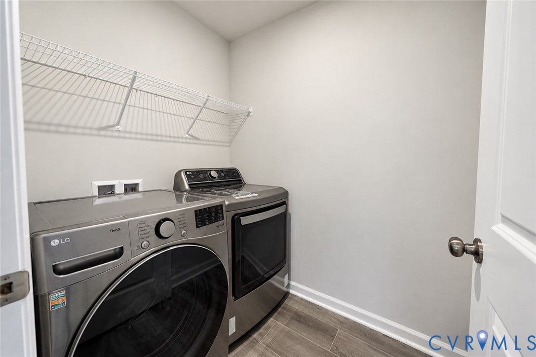 500 Rivanna Hill Way, Glen Allen, VA 23060 Laundry room featuring wood-finish flooring and a white wire wall-mounted shelving unit