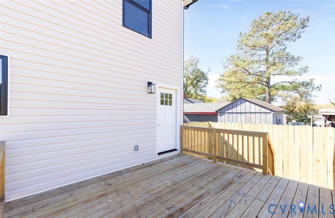 25604 Greensville Avenue, West Petersburg, Dinwiddie, VA 23803 Wood deck featuring a natural finish, light-toned horizontal lap siding, a six-pane window door, and a perimeter wooden privacy fence