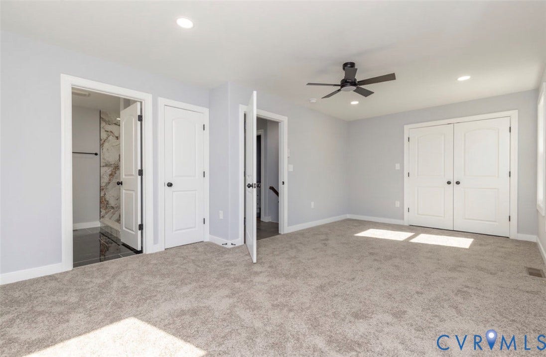 25604 Greensville Avenue, West Petersburg, Dinwiddie, VA 23803 Neutral-toned carpeting, recessed ceiling lighting, matte black finish ceiling fan, double-door closet, and interior passage doors