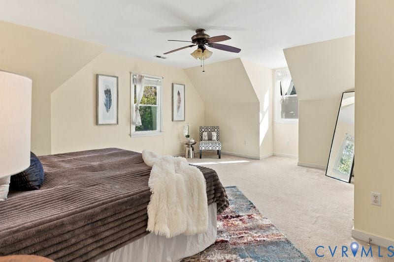 10208 Claybar Trail, Chesterfield, VA 23236 Room with neutral walls, sloped ceiling architectural detailing, carpeted flooring, multi-light ceiling fan, and windows
