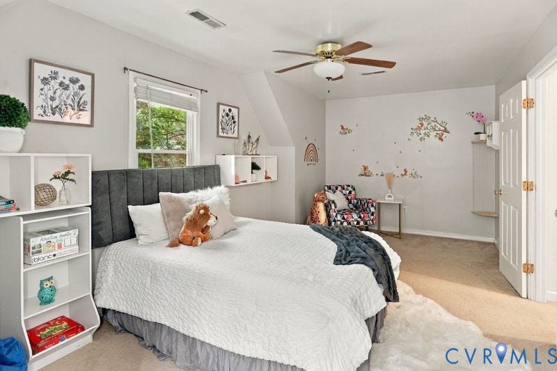10208 Claybar Trail, Chesterfield, VA 23236 Bedroom featuring carpeted flooring, a ceiling fan, neutral wall paint, and built-in wall shelving