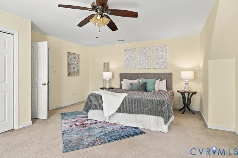 10208 Claybar Trail, Chesterfield, VA 23236 Spacious room featuring neutral wall paint, carpeted flooring, a ceiling fan with integrated light fixture, and a multi-panel interior door