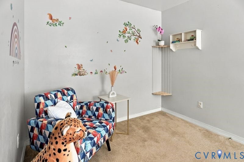 10208 Claybar Trail, Chesterfield, VA 23236 Wall-mounted white shelving unit with integrated pegs and suspended corner shelving, set against neutral-toned walls with wall-to-wall carpeting