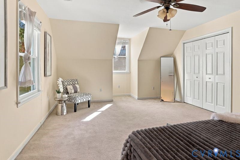 10208 Claybar Trail, Chesterfield, VA 23236 Neutral-toned interior space featuring vaulted ceilings, carpeted flooring, multiple windows, and a multi-panel bifold closet
