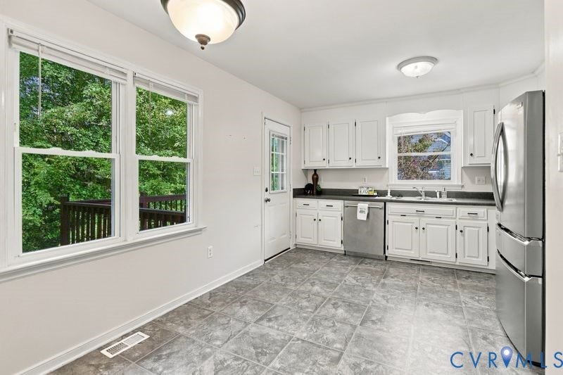 10208 Claybar Trail, Chesterfield, VA 23236 Kitchen featuring white cabinetry, stone-finish countertops, stainless steel appliances, tile flooring, and windows with natural light
