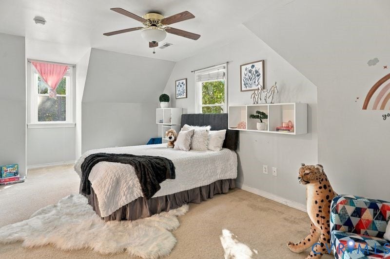 10208 Claybar Trail, Chesterfield, VA 23236 Bedroom featuring angled ceilings, carpeted flooring, wall-mounted white cubby shelving, and a brass-finish ceiling fan with integrated lighting