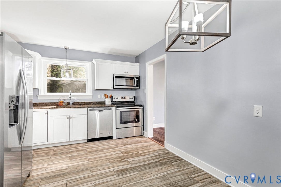 7304 Bowler Street, Henrico, VA 23228 Kitchen featuring white cabinetry, stainless steel appliances, wood-finish flooring, and a contemporary geometric pendant light
