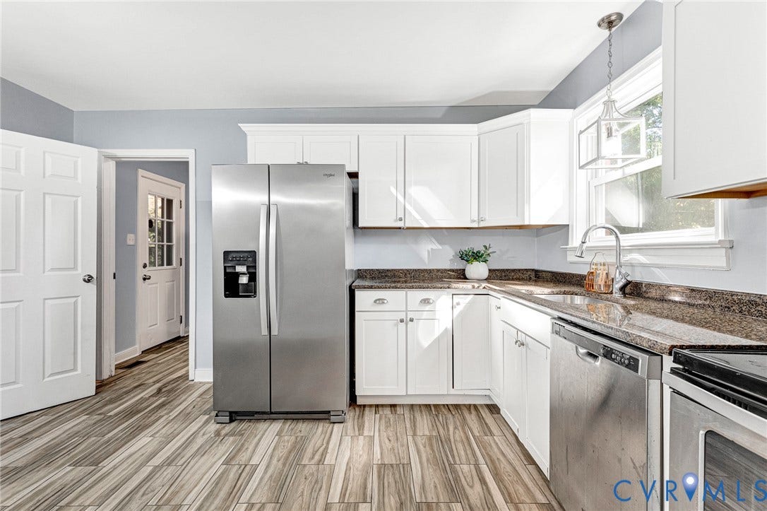 7304 Bowler Street, Henrico, VA 23228 Kitchen featuring white shaker-style cabinetry, stone-surface countertops, stainless steel appliances, wood-finish flooring, and a pendant light fixture