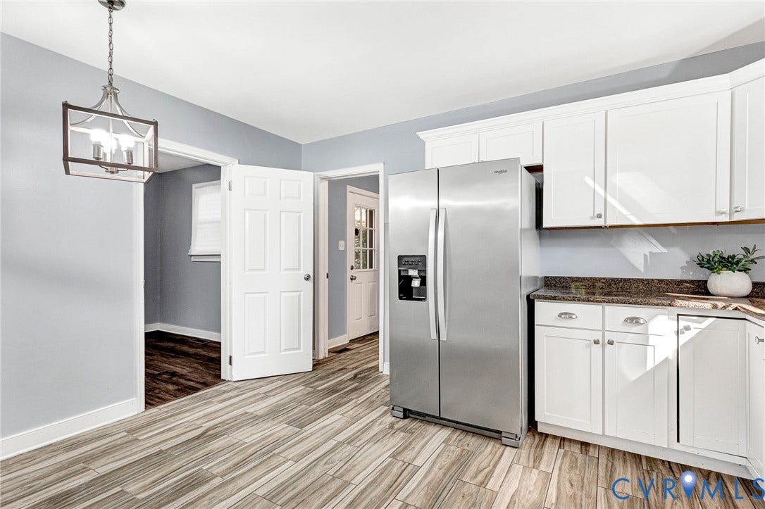 7304 Bowler Street, Henrico, VA 23228 Kitchen featuring white shaker-style cabinetry, stone-finish countertops, stainless steel side-by-side refrigerator, multi-tone wood-finish flooring, and a geometric pendant light fixture